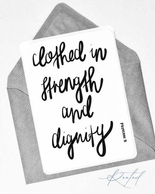 Christian wall art minimalist scripture print. Card with 'Clothed in strength and dignity' text 